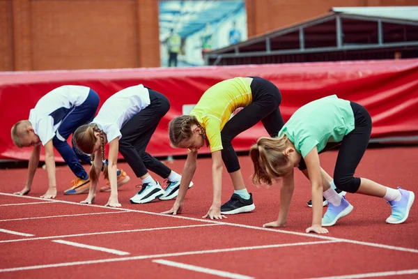 Start Skupina Dětí Připravuje Běhání Běžeckém Pásu Stadionu Nebo Aréně — Stock fotografie