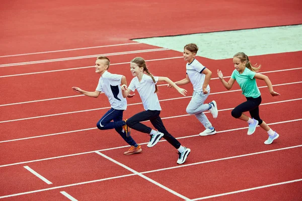 Group Children Running Treadmill Stadium Arena Little Fit Boys Girls — Stock Photo, Image