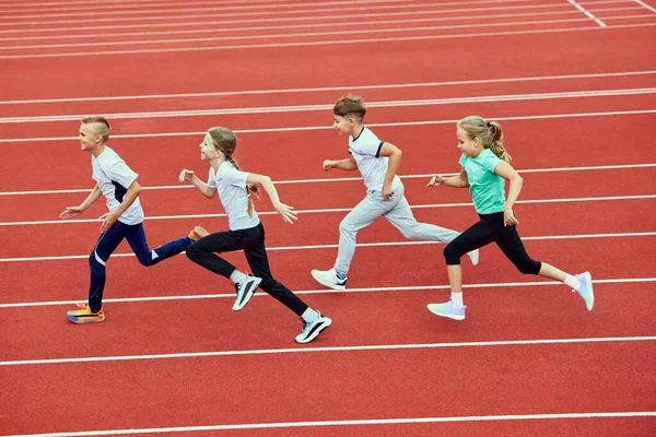 Group Children Running Treadmill Stadium Arena Little Fit Boys Girls — Stock Photo, Image