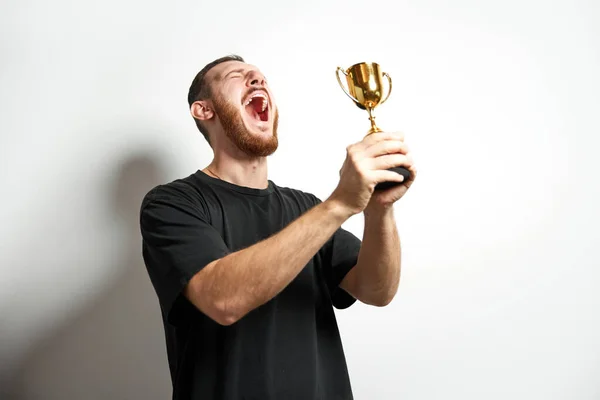 Happy Young Male Businessman Holding His Gold Trophy Celebrating Victory Royalty Free Stock Photos