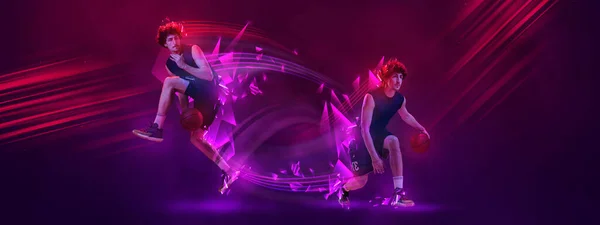 Sport poster with young professional basketball players in motion with basketball ball over dark background with neon polygonal elements. Concept of sport, team, enegry, competition, skills.