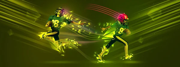 Junior team. Bright poster with american football player in motion and action with ball on green background with polygonal neon elements. Concept of art, creativity, sport, energy and power