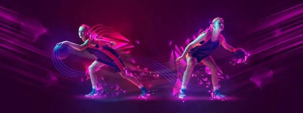 Dribbling ball. Creative artwork with young female basketball players playing basketball on dark purple background with neon elements. Concept of sport, team, enegry, competition, skills.