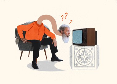 Çağdaş sanat kolajı. Televizyonda haber izleyen kıdemli bir adam. Uzun boyunda bir heyecanla. Bilgi. Yaratıcılık kavramı, bağımlılık, sürrealizm, hayal gücü. İlan için boşluk kopyala, poster
