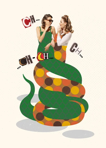 Colagem Arte Contemporânea Jovem Com Caudas Cobra Sussurrar Mexericos Falar — Fotografia de Stock