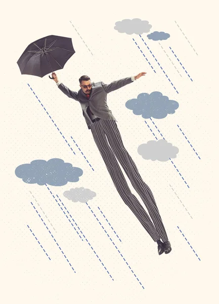 Коллаж Современного Искусства Творческий Дизайн Бизнесменом Костюме Летящим Зонтиком Над — стоковое фото