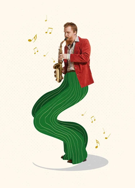 Koláž Současného Umění Tvůrčí Design Stylovým Mužem Hrající Saxofon Jazzový — Stock fotografie