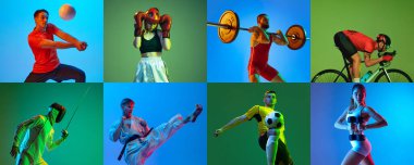 Voleybol, boks, bisiklet, karate, spor ve halter. Profesyonel sporcuların kolajı neon renkli arka planda izole edildi. Hareket kavramı, eylem, başarılar, zorluklar.