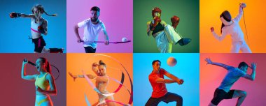 Voleybol, boks, koşu, eskrim, fitness ve tenis. Profesyonel sporcuların kolajı neon renkli arka planda izole edildi. Hareket kavramı, eylem, aktif yaşam tarzı, başarılar, zorluklar.