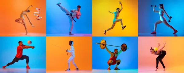 バレーボール フェンシング ジャンプ フィットネスや重量挙げ ネオンの色の背景に隔離されたプロアスリートのコラージュ 成果と課題 — ストック写真