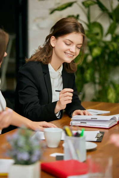 Paper Work Preparing Report Attractive Young Confident Businesswoman Sitting Office — Stockfoto
