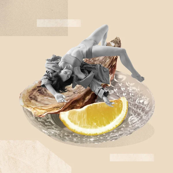 官能的な女の子はレモンと巨大な牡蠣に横たわっています 現代美術のコラージュ 体の美しさのための健康的な食事 ボディケア エコ製品 ビタミンの概念 現代的なデザイン雑誌 広告のためのカバー — ストック写真