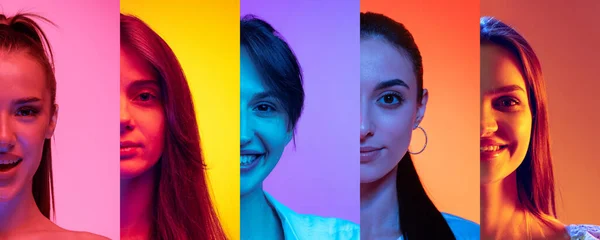 Cropped Portraits Different Young Beautiful Smiling Girls Multicolored Background Neon — Stock Photo, Image
