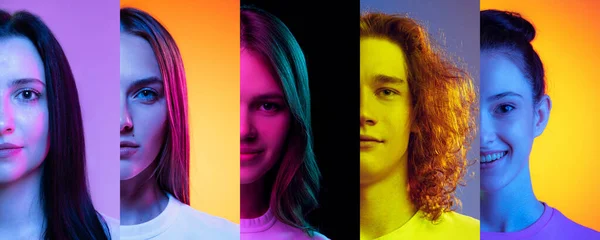 Youth. Set of cropped portraits of different young people, boys and girls on multicolored background in neon light. Collage made of 5 models looking at camera. Positive emotions, diversity