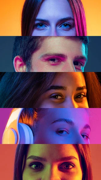 Happy eyes. Vertical photo set of close-up male and female eyes isolated on colored neon backgorund. Multicolored stripes. Concept of equality, unification of all nations, ages and interests