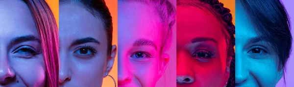 多民族青年 ネオンの光の中で多色の背景に若い人たちの閉鎖顔 男性と女性のモデルの顔の半分で作られたコラージュ メディア 広告の概念 — ストック写真