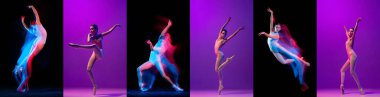 Çağdaş ya da klasik sanat. Renkli neon arka planda izole edilmiş dans eden kadın balerin portreleri kolajı. Sanat, güzellik, arzu, yaratıcılık kavramı