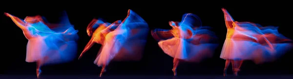 一个美丽的芭蕾舞演员在混合的霓虹灯下 在黑暗的背景下跳独立的舞步的发展 艺术的概念 创造力 行动和动议 — 图库照片