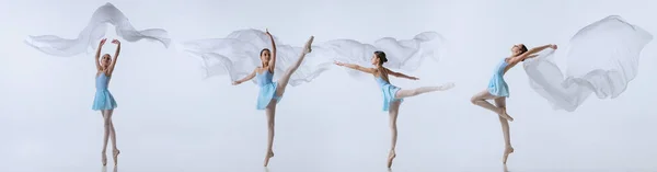 一个年轻美丽的芭蕾舞女舞蹈演员的肖像拼贴成不同的图像 用丝绸面料与白色背景隔离跳舞 创造力的概念 — 图库照片