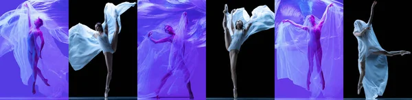 优雅而美丽的芭蕾舞蹈家 穿着被黑色和紫色背景隔离的衣服跳舞 艺术的概念 创造力 看起来很性感很有灵感 — 图库照片