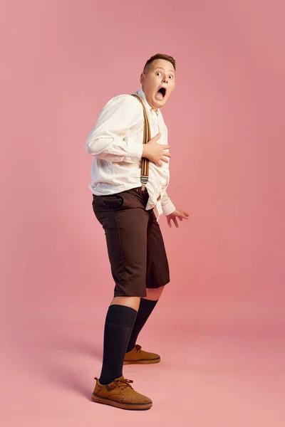 Fright Fear Scared Teen Boy White Shirt Shorts Suspenders Isolated — Stock Photo, Image