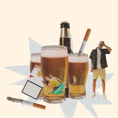 Kötü alışkanlıkları bırak. Soyut alkol, sigara. Sanat eseri, yaratıcı kolaj, sanat tasarımı. Sağlık, alkolizm, destek, tıbbi yardım, kötü alışkanlık, uyuşturucu bağımlılığı kavramı. Dünyada tütün günü yok..