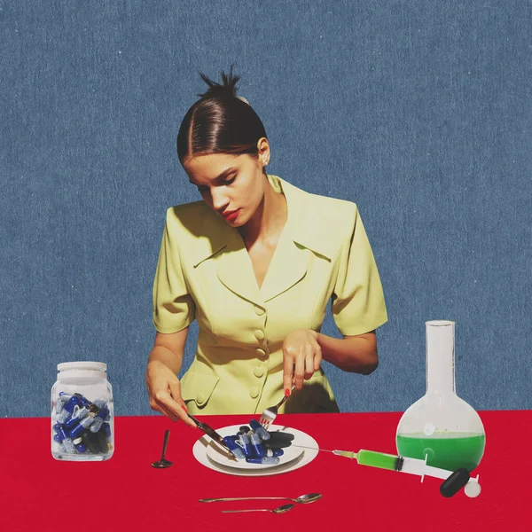 ポップアートの背景に医療用薬のプレート 女性はナイフで錠剤をカットし フォークにそれらを突き刺します 悪い習慣 有害な習慣 薬物中毒の概念 現代美術のコラージュ — ストック写真