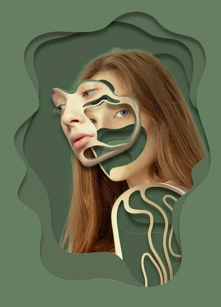 Kreativní Portrét Mladé Smutné Ženy Zeleném Pozadí Plakátová Grafika Nápady — Stock fotografie