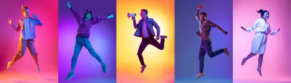 감정들 고립되어 움직이고 감정적 남녀들의 사진들 높이뛰기 에너지 광고용 플라이어 — 스톡 사진
