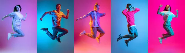 うわ幸せな感情 ネオンの光の中で多色の背景に隔離された若い多様な感情的な男性と女性の動きのイメージのセット 高ジャンプ エネルギー ダンス 広告用チラシ — ストック写真