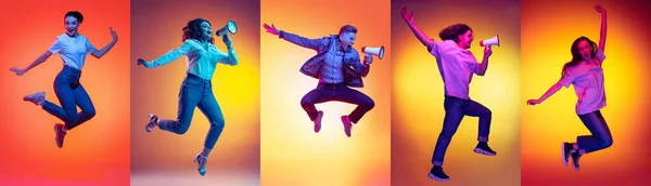 楽しさ 喜びを持つ若い興奮表現者の肖像画のコラージュネオンの光の中で多色の背景に隔離された 高ジャンプ エネルギー ダンス チラシ 広告バナー — ストック写真