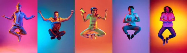 快乐的情绪 在霓虹灯下 在五彩斑斓的背景下被孤立起来的一组不同情绪的年轻男女形象 跳得很高 精力充沛 广告传单 — 图库照片