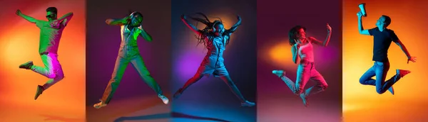 자유와 색깔의 고립된 활동적 소녀들 높이뛰기 에너지 광고용 플라이어 행복해 — 스톡 사진