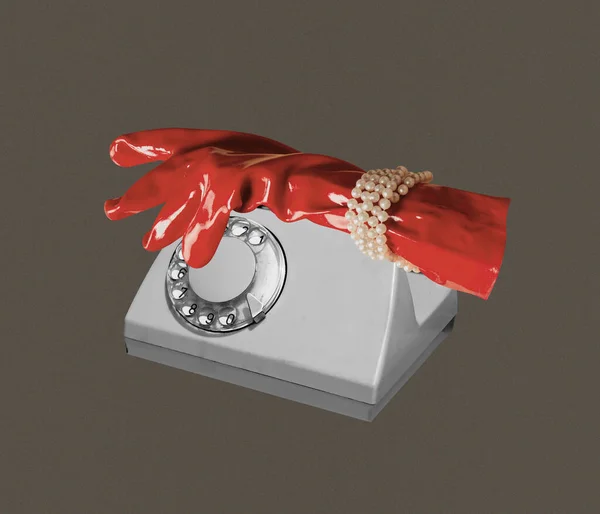 Modern Design Samtida Konstcollage Latex Röda Handskar Retro Telefon Inspiration — Stockfoto