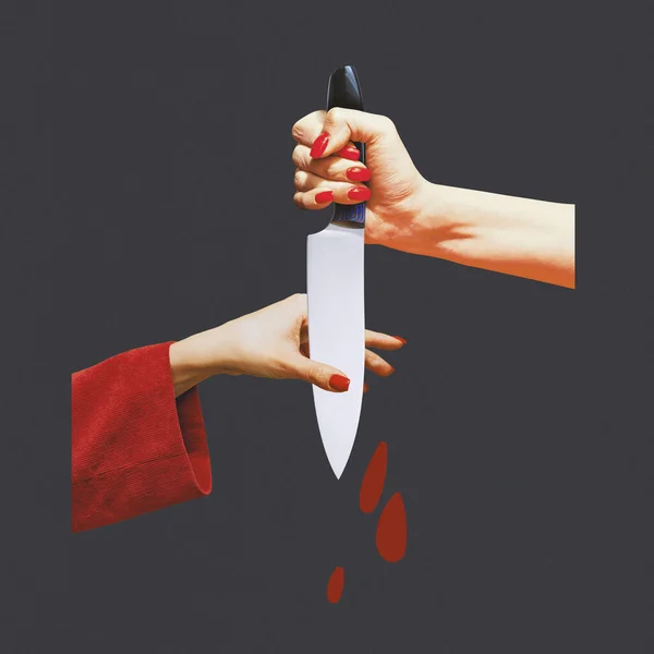 Подлинные Руки Острый Нож Сером Фоне Современный Дизайн Коллаж Современного — стоковое фото