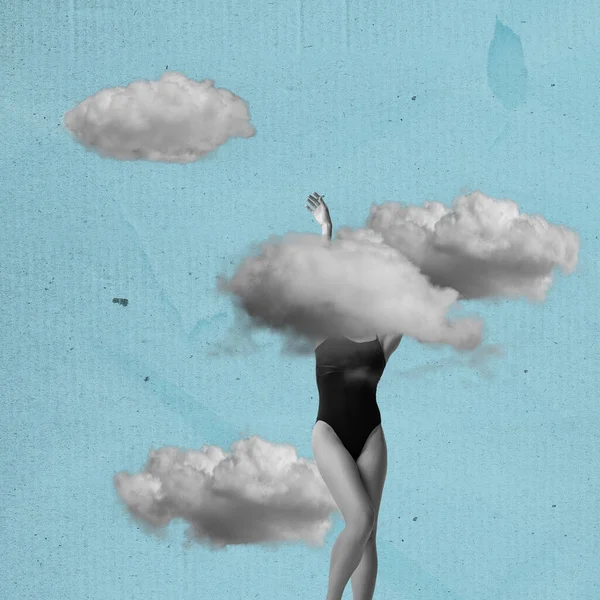 Álmodtam Megváltozott Hangulat Kortárs Művészeti Kollázs Női Arc Felhővel Kék — Stock Fotó