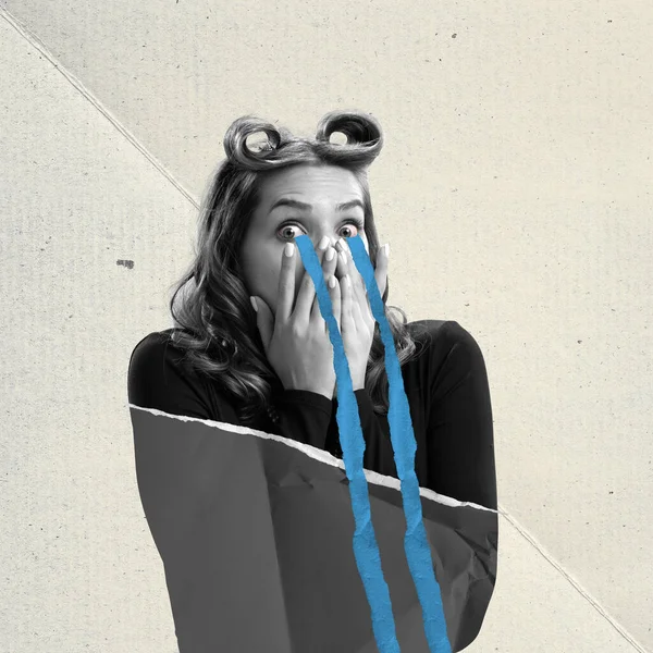 Joven Mujer Sorprendida Sintiendo Tristeza Lágrimas Otoño Collage Arte Contemporáneo — Foto de Stock