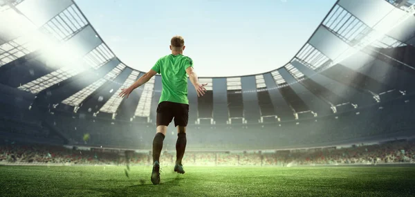 Winner emotions. Back view of soccer player running at the crowded stadium with spot lights during evening football match. Concept of sport, competition, movement, overcoming. Local presence effect.