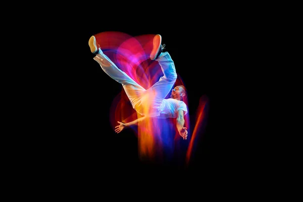 Miracle Flight Young Sportive Dancer White Clothes Levitating Moving Dark — Stock Photo, Image