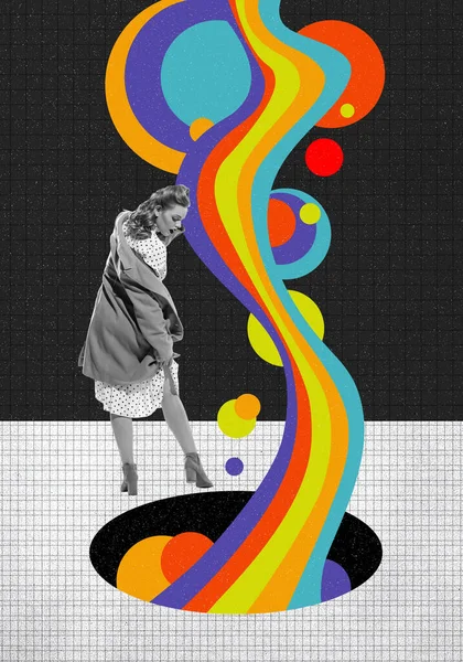 Współczesny Pop Art Collage Retro Kobieta Stojąca Wokół Wielu Planet — Zdjęcie stockowe