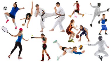 Profesyonel erkek ve bayan sporcuların spor kolajı ya da beyaz arka plandaki oyuncular, broşür. Hareket, eylem, güç, hedef ve başarılar kavramı, sağlıklı, aktif