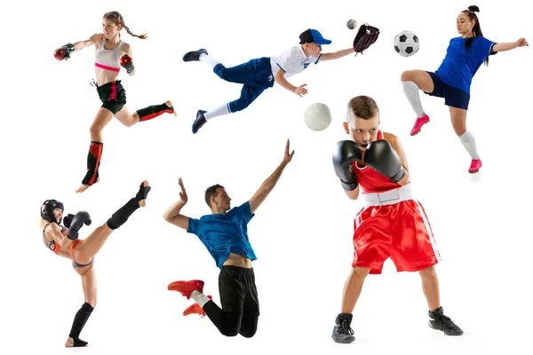 Colagem Desportiva Atletas Profissionais Masculinos Femininos Jogadores Fundo Branco Panfleto — Fotografia de Stock