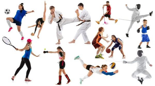 白い背景にプロの男性と女性の選手や選手のスポーツコラージュ チラシ 目標と達成 活動の概念 — ストック写真