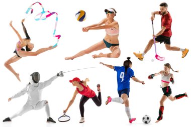 Profesyonel erkek ve bayan sporcuların spor kolajı ya da beyaz arka plandaki oyuncular, broşür. Hareket, eylem, güç, hedef ve başarılar kavramı, sağlıklı, aktif