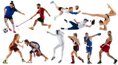 Profesyonel erkek ve bayan sporcuların spor kolajı ya da beyaz arka plandaki oyuncular, broşür. Hareket, eylem, güç, hedef ve başarılar kavramı, sağlıklı, aktif