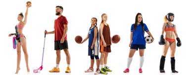 Floorball, jimnastik, basketbol oyuncuları ve kickboksör. Beyaz arka planda spor üniformalı profesyonel sporculardan oluşan bir takım. El ilanı, poster. Spor, aktif yaşam tarzı, rekabet, meydan okuma konsepti