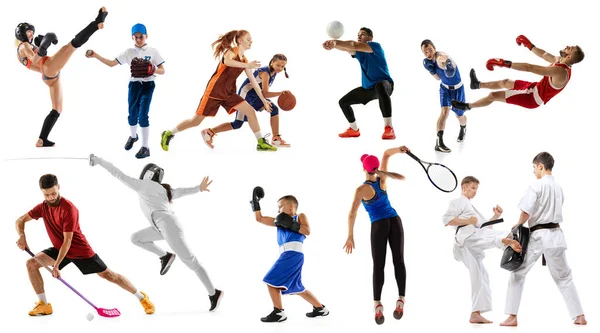 Collage Deportivo Atletas Profesionales Masculinos Femeninos Jugadores Sobre Fondo Blanco — Foto de Stock