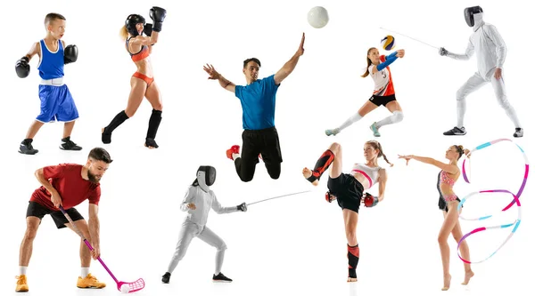 Collage Sportif Athlètes Professionnels Masculins Féminins Joueurs Sur Fond Blanc — Photo