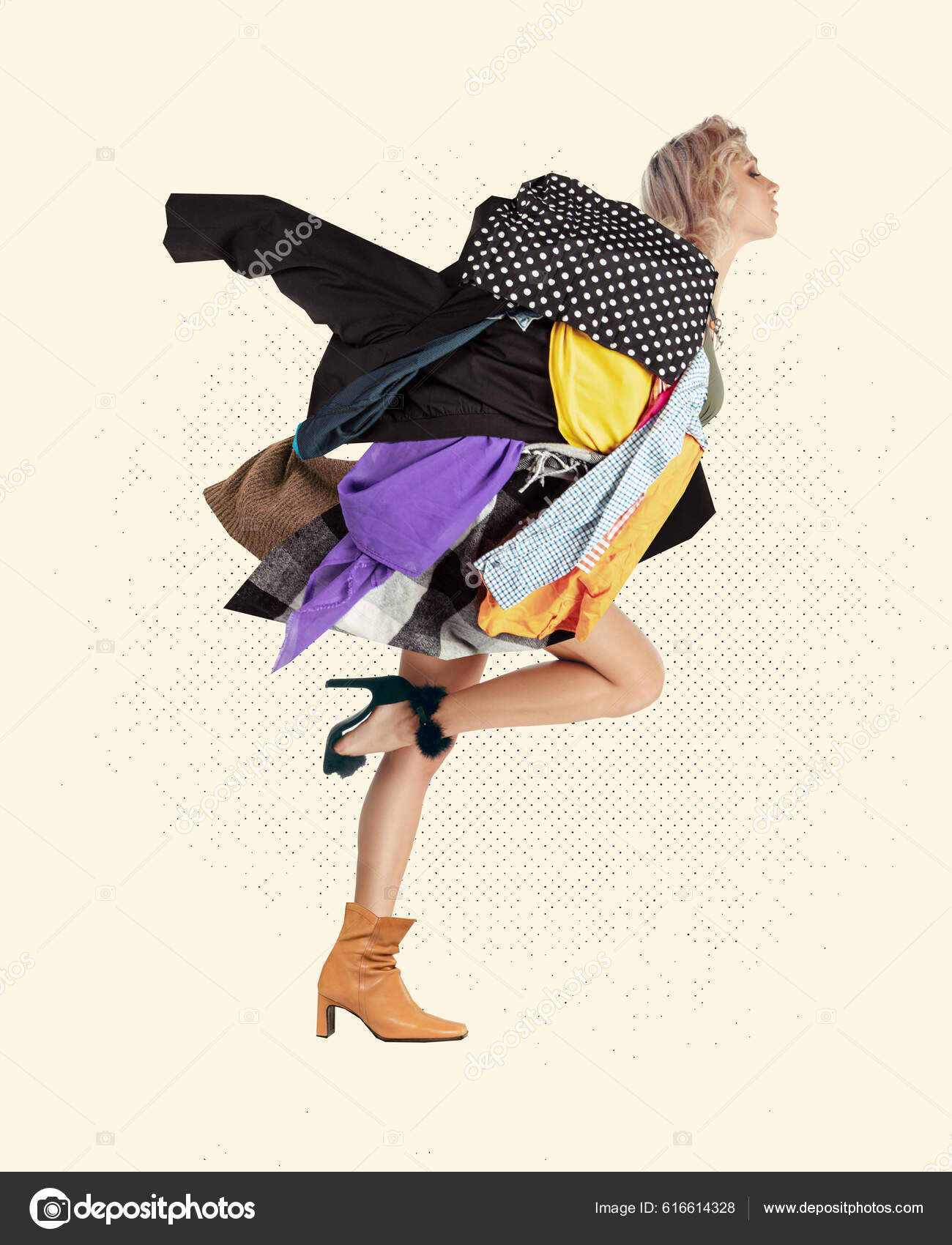 A woman in multicolored recycled plastic dress outfit, AI recycled costume  idea Stock Illustration