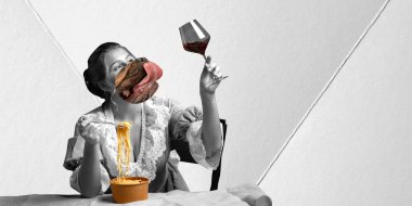 - Öğle yemeği. Ortaçağ kraliyet mensubu, klasik giysiler içinde köpek suratlı genç bir kadının portresiyle gerçeküstü sanat eserleri. Sanat, sürrealizm, ilham. Çağdaş kolaj.